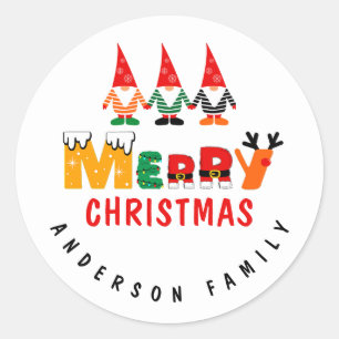 Xmas Gnomes Whimsical Fonts Merry Christmas   Classic Round Sticker