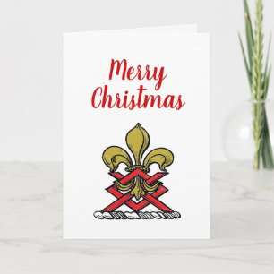 Xmas Gold Red Heraldic Crest Fleur de Lis Emblem Holiday Card