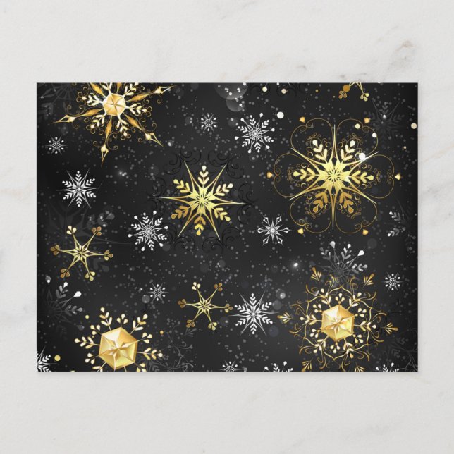 Xmas Golden Snowflakes on Black Background Announcement Postcard (Front)