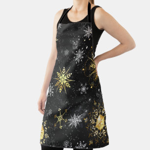 Xmas Golden Snowflakes on Black Background Apron