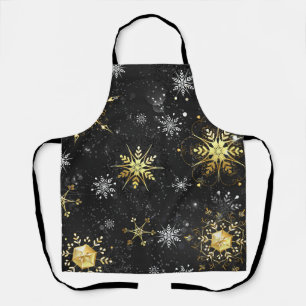 Xmas Golden Snowflakes on Black Background Apron