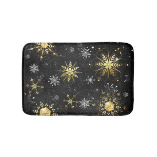 Xmas Golden Snowflakes on Black Background Bath Mat