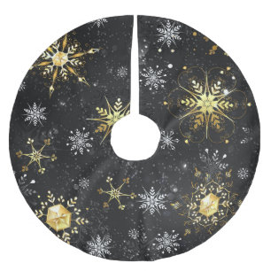 Xmas Golden Snowflakes on Black Background Brushed Polyester Tree Skirt