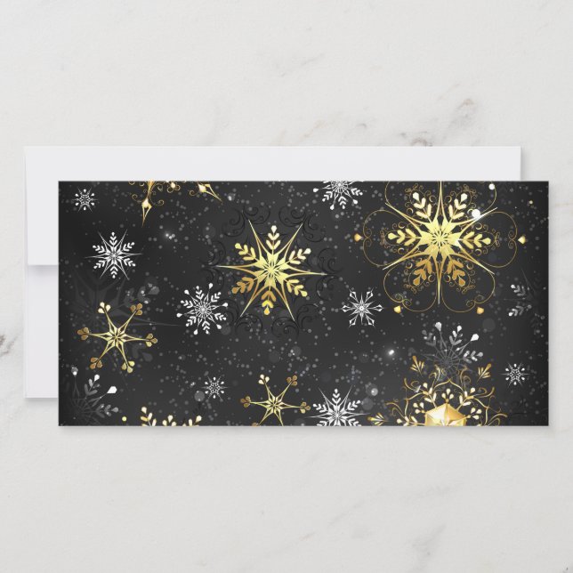 Xmas Golden Snowflakes on Black Background Card (Front)