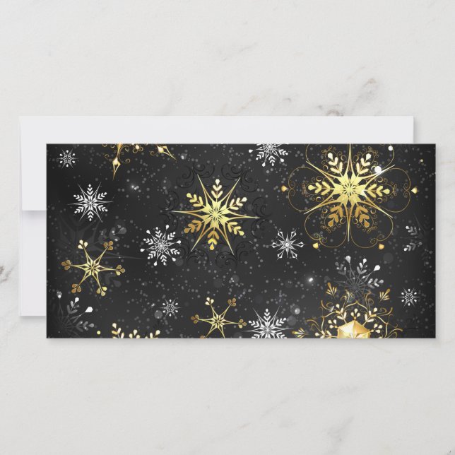 Xmas Golden Snowflakes on Black Background Card (Front)