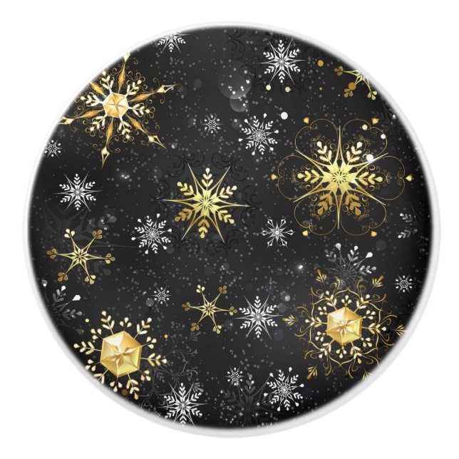 Xmas Golden Snowflakes on Black Background Ceramic Knob (Front)