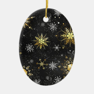 Xmas Golden Snowflakes on Black Background Ceramic Ornament