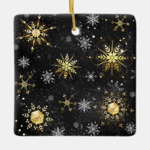 Xmas Golden Snowflakes on Black Background Ceramic Ornament