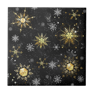 Xmas Golden Snowflakes on Black Background Ceramic Tile