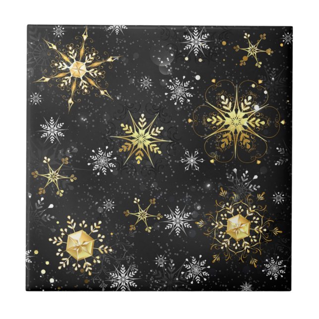 Xmas Golden Snowflakes on Black Background Ceramic Tile (Front)