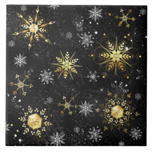 Xmas Golden Snowflakes on Black Background Ceramic Tile