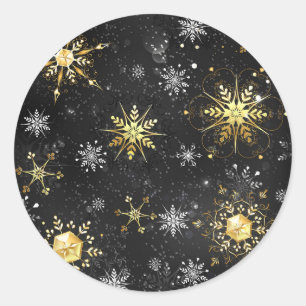 Xmas Golden Snowflakes on Black Background Classic Round Sticker