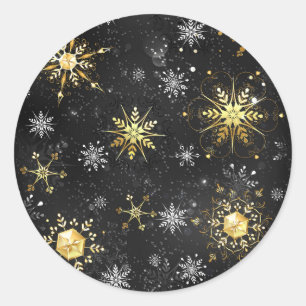 Xmas Golden Snowflakes on Black Background Classic Round Sticker