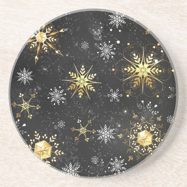 Xmas Golden Snowflakes on Black Background Coaster (Front)