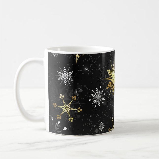 Xmas Golden Snowflakes on Black Background Coffee Mug (Left)