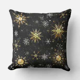 Xmas Golden Snowflakes on Black Background Cushion