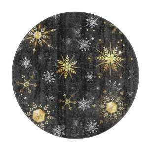 Xmas Golden Snowflakes on Black Background Cutting Board