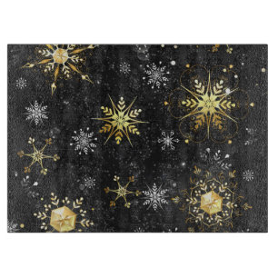 Xmas Golden Snowflakes on Black Background Cutting Board
