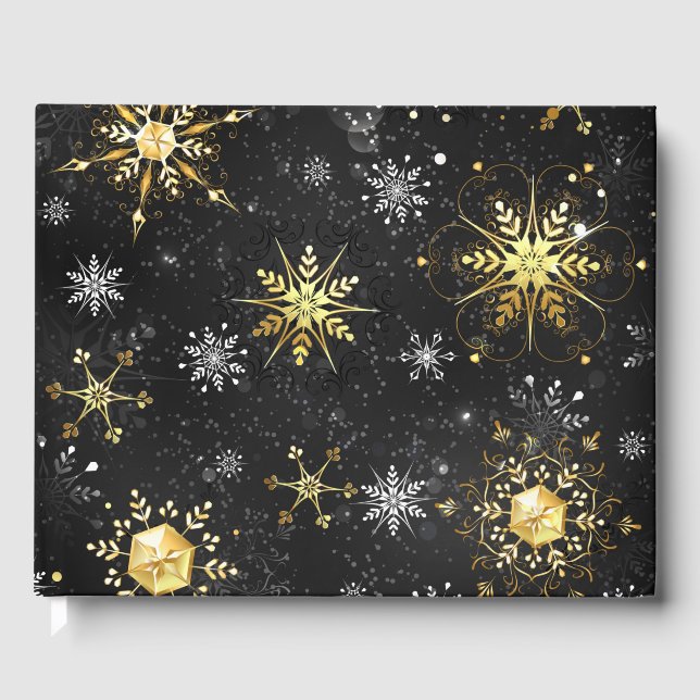 Xmas Golden Snowflakes on Black Background Guest Book (Front)