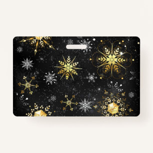 Xmas Golden Snowflakes on Black Background ID Badge