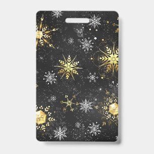 Xmas Golden Snowflakes on Black Background ID Badge