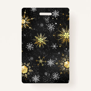 Xmas Golden Snowflakes on Black Background ID Badge