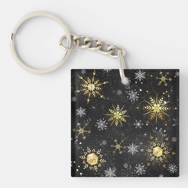 Xmas Golden Snowflakes on Black Background Key Ring (Front)