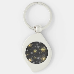 Xmas Golden Snowflakes on Black Background Key Ring