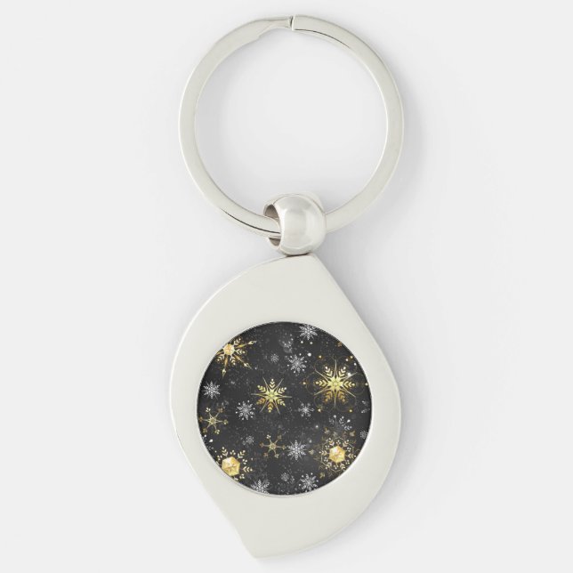 Xmas Golden Snowflakes on Black Background Key Ring (Front)