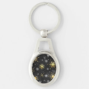 Xmas Golden Snowflakes on Black Background Key Ring