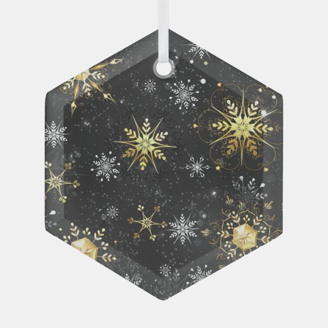 Xmas Golden Snowflakes on Black Background Label Glass Tree Decoration (Front)