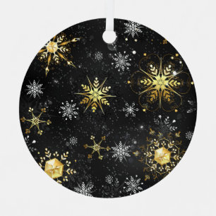 Xmas Golden Snowflakes on Black Background Label Metal Tree Decoration