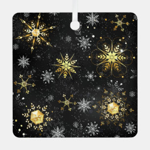 Xmas Golden Snowflakes on Black Background Label Metal Tree Decoration