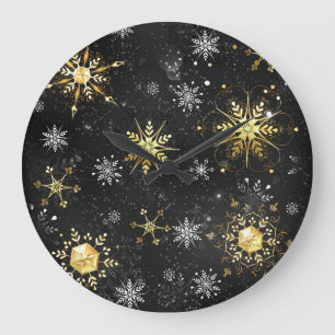 Xmas Golden Snowflakes on Black Background Large Clock