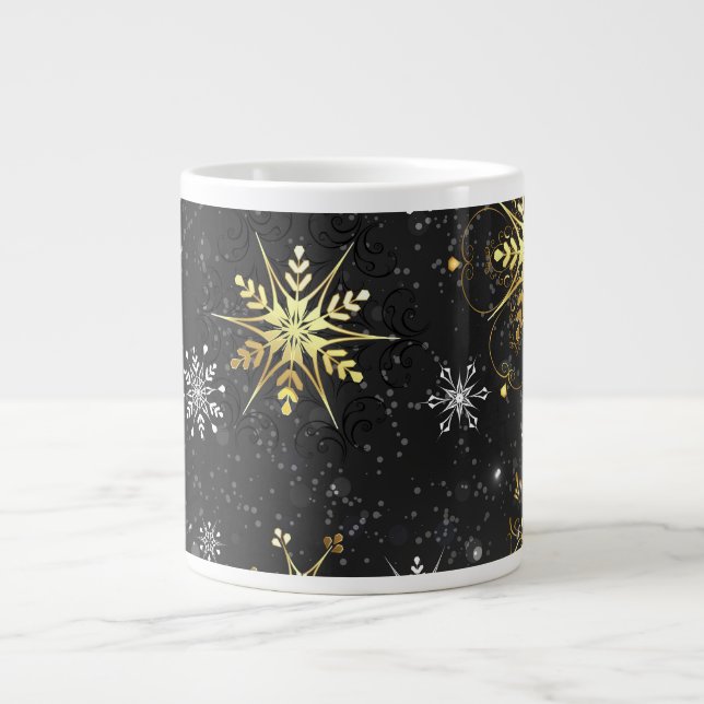 Xmas Golden Snowflakes on Black Background Large Coffee Mug (Front)