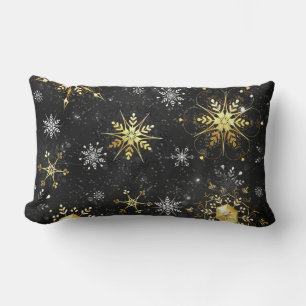 Xmas Golden Snowflakes on Black Background Lumbar Cushion