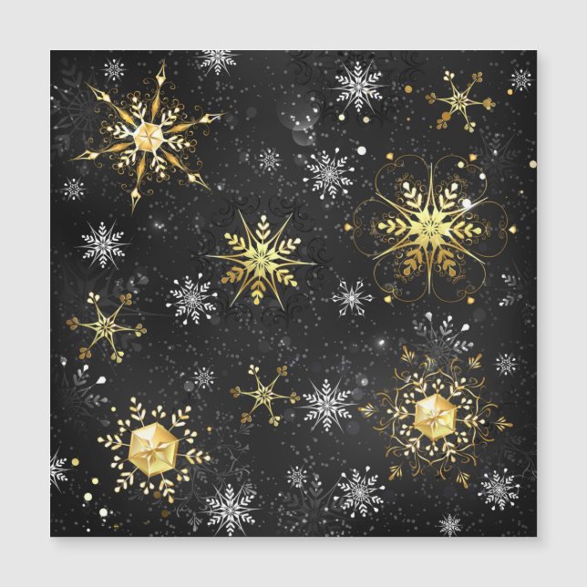 Xmas Golden Snowflakes on Black Background Magnetic Invitation (Front)