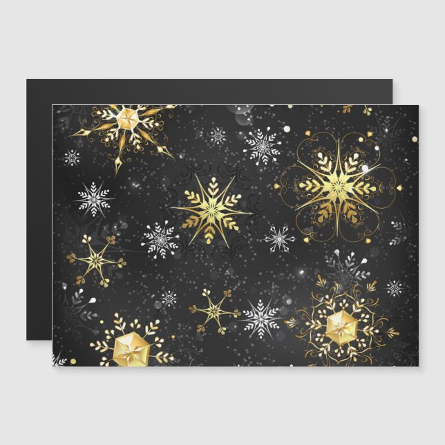 Xmas Golden Snowflakes on Black Background Magnetic Invitation (Front/Back)