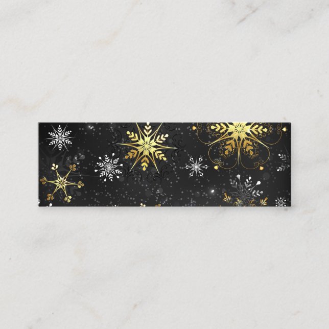 Xmas Golden Snowflakes on Black Background Mini Business Card (Front)
