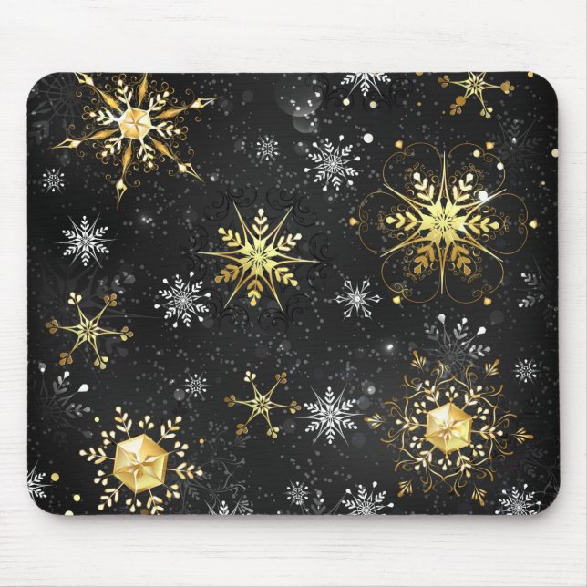 Xmas Golden Snowflakes on Black Background Mouse Pad (Front)