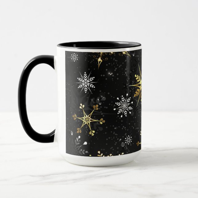 Xmas Golden Snowflakes on Black Background Mug (Left)