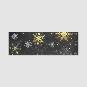 Xmas Golden Snowflakes on Black Background Name Tag