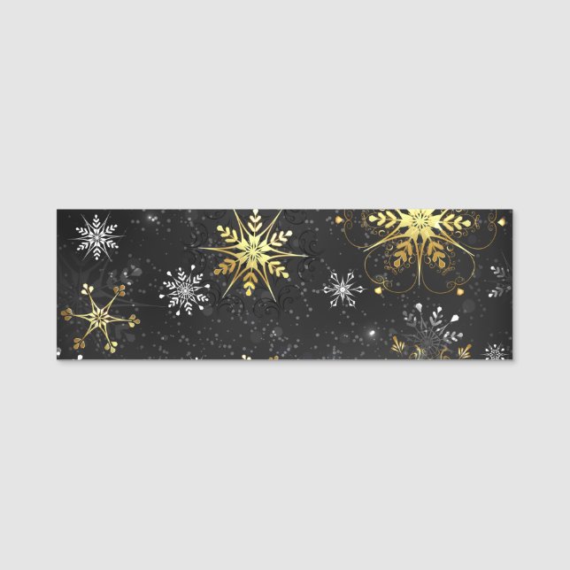 Xmas Golden Snowflakes on Black Background Name Tag (Front)