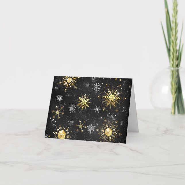 Xmas Golden Snowflakes on Black Background Note Card (Front)