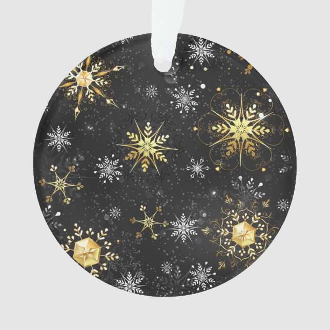 Xmas Golden Snowflakes on Black Background Ornament (Front)