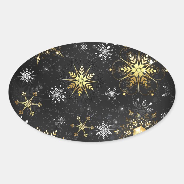 Xmas Golden Snowflakes on Black Background Oval Sticker (Front)