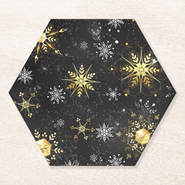 Xmas Golden Snowflakes on Black Background Paper Coaster (Front)