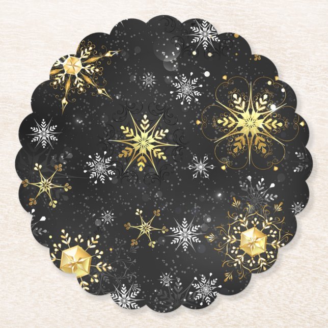 Xmas Golden Snowflakes on Black Background Paper Coaster (Front)
