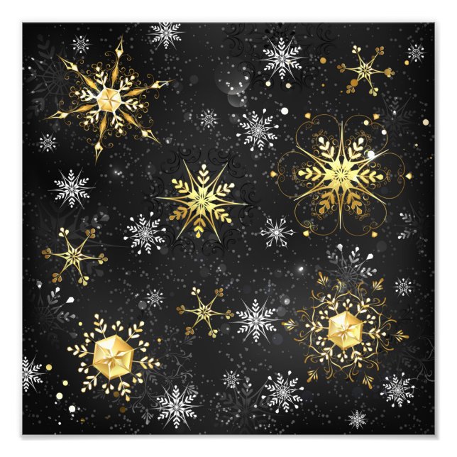 Xmas Golden Snowflakes on Black Background Photo Print (Front)
