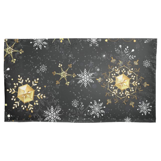 Xmas Golden Snowflakes on Black Background Pillowcase (Front-Left)